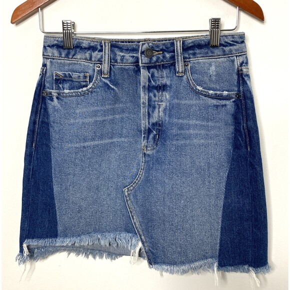 NWT Hidden Jeans Payton Color Block Blue Denim Mini Skirt Raw Hem Sz S - Picture 1 of 8